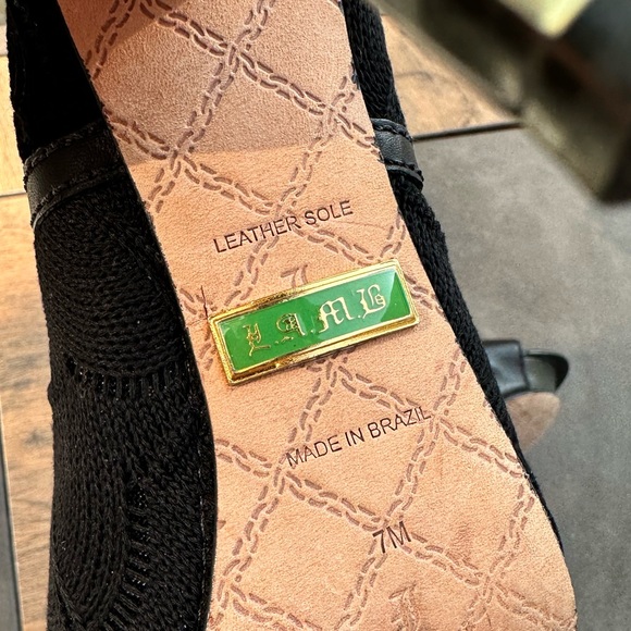 LAMB Black Gold Leather Trim Open Toe Zip Platform High Heel Booties Size 7 - Picture 8 of 8